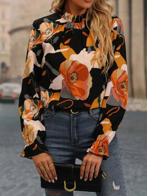 Casual Ruffled Collar Printed Long Sleeve Shirt