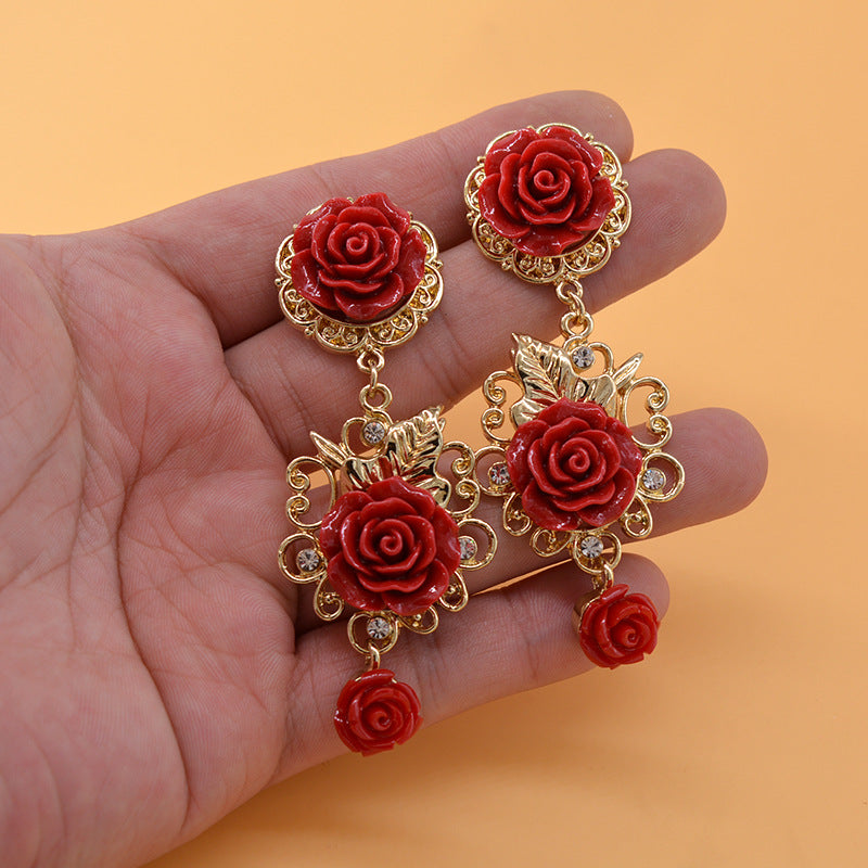 Baroque Retro Exaggerated Court Style Fashion Red Earrings Women
