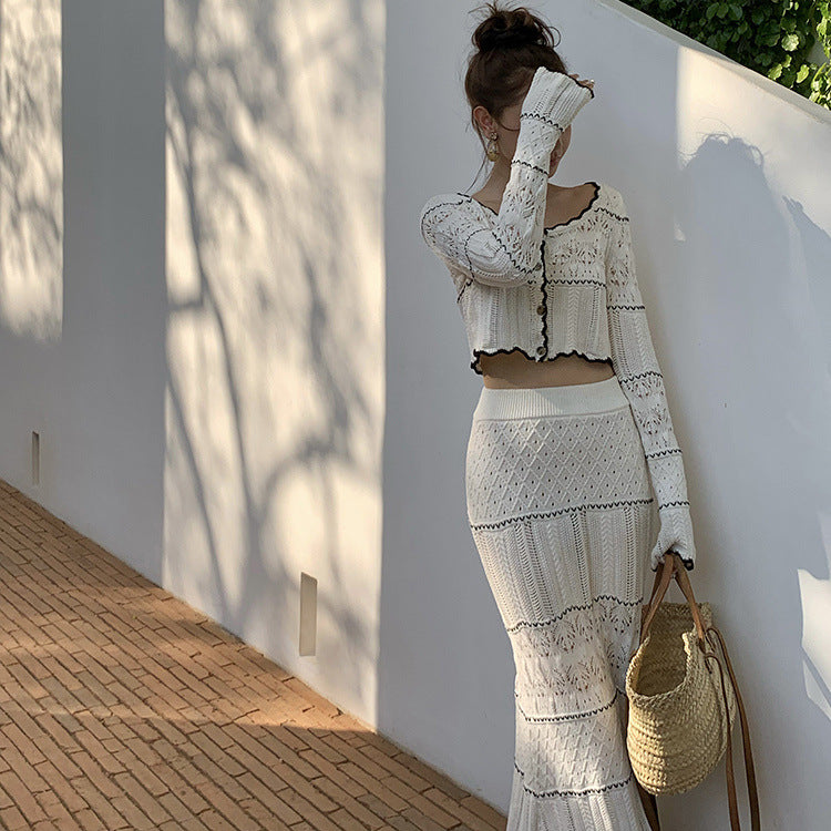 Openwork Knitted Top Skirt Two-piece Set