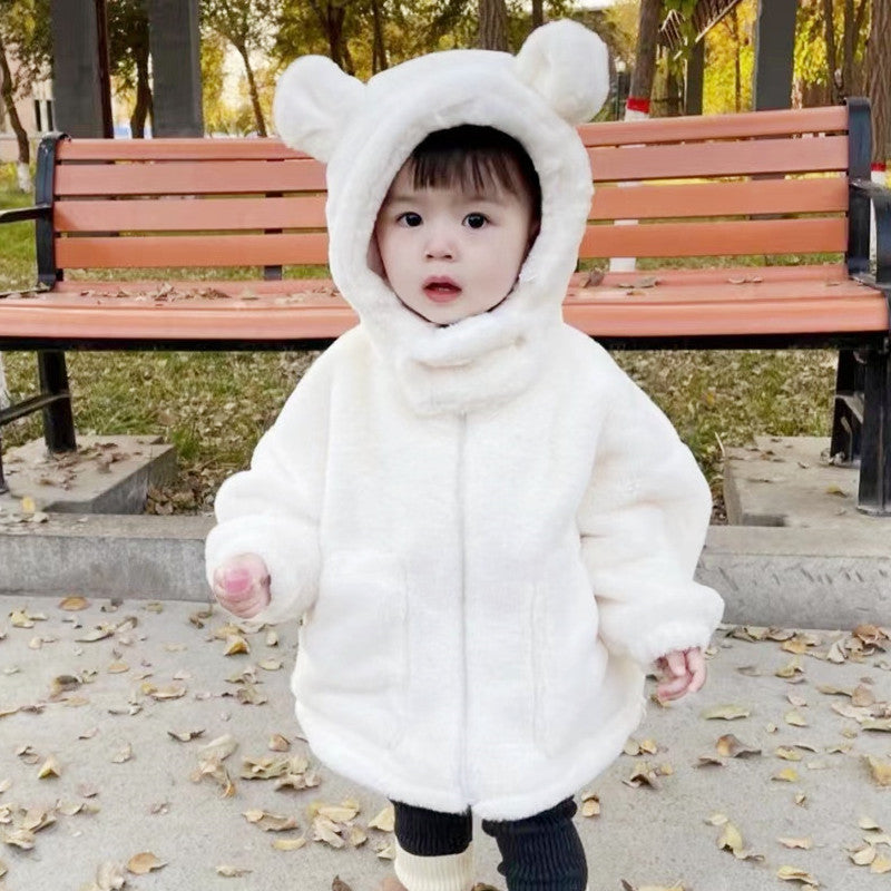 Bear Hooded Plush Cotton-padded Coat Thickened Warm Mid-length Jacket