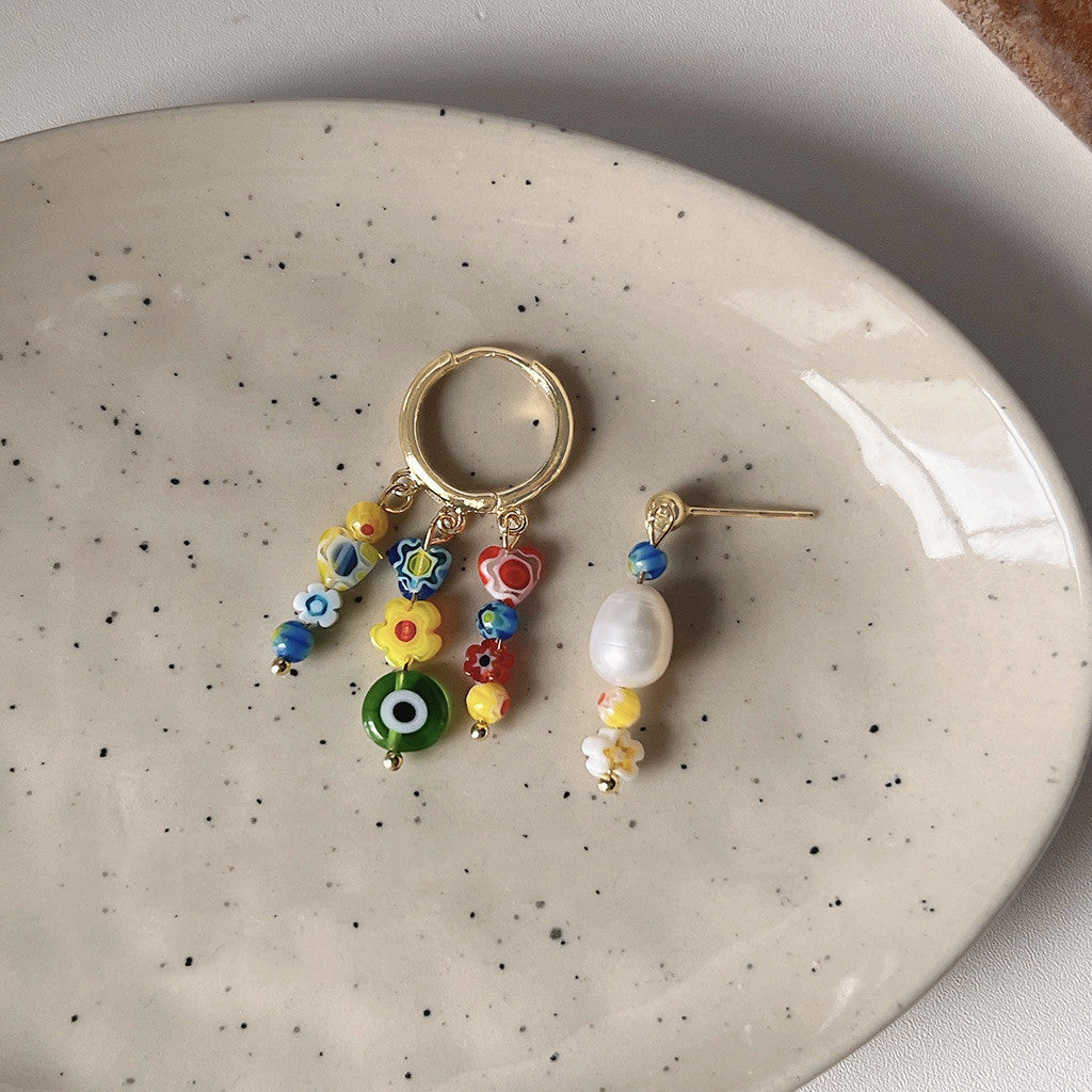 Women's Fashionable Asymmetric Design Glass Floral Colored Glaze Ear Clip