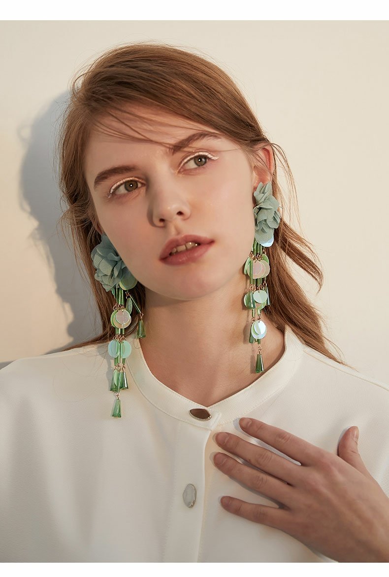 Women's Exaggerated Flower Tassel Earrings Long Sequins