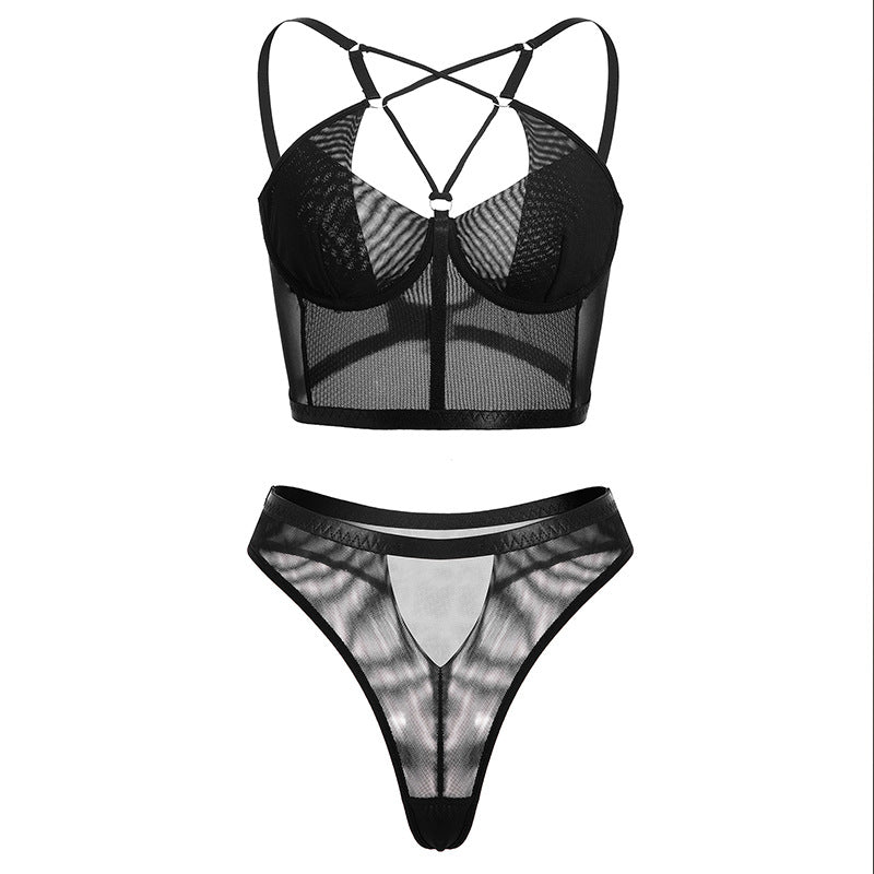 Multi-Color Mesh See-through Bra Underwear Stitching Strap Set