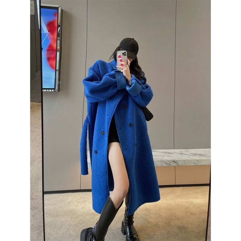 Fur Integrated Lamb Wool Medium Length Thickened Blue Coat