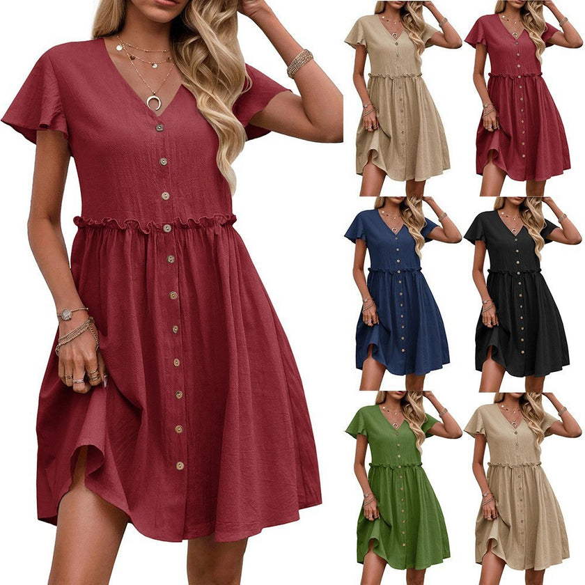 Button Butterfly Sleeve Cotton Linen With Pocket Beach Dress