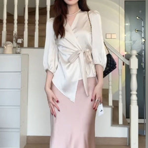Slimming Waist Trimming Versatile V-neck Half Sleeves Elegant Satin Top For Women