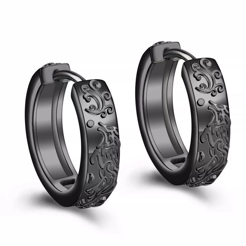 Vintage Black Proud Wolf Men Hoops Jewelry 925 Sterling Silver Earrings