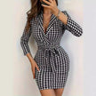 Houndstooth Printed Dress Slim Sexy V-neck Skirt