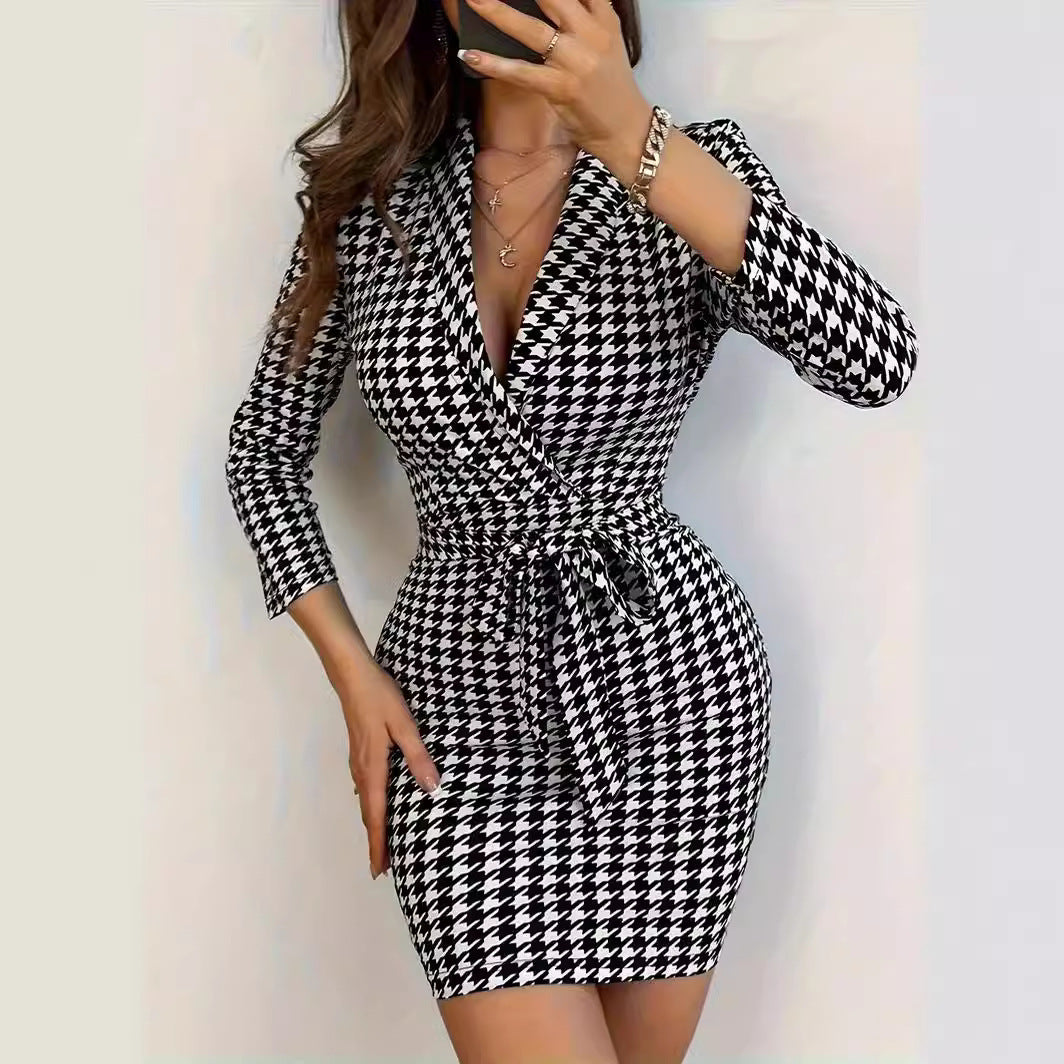 Houndstooth Printed Dress Slim Sexy V-neck Skirt