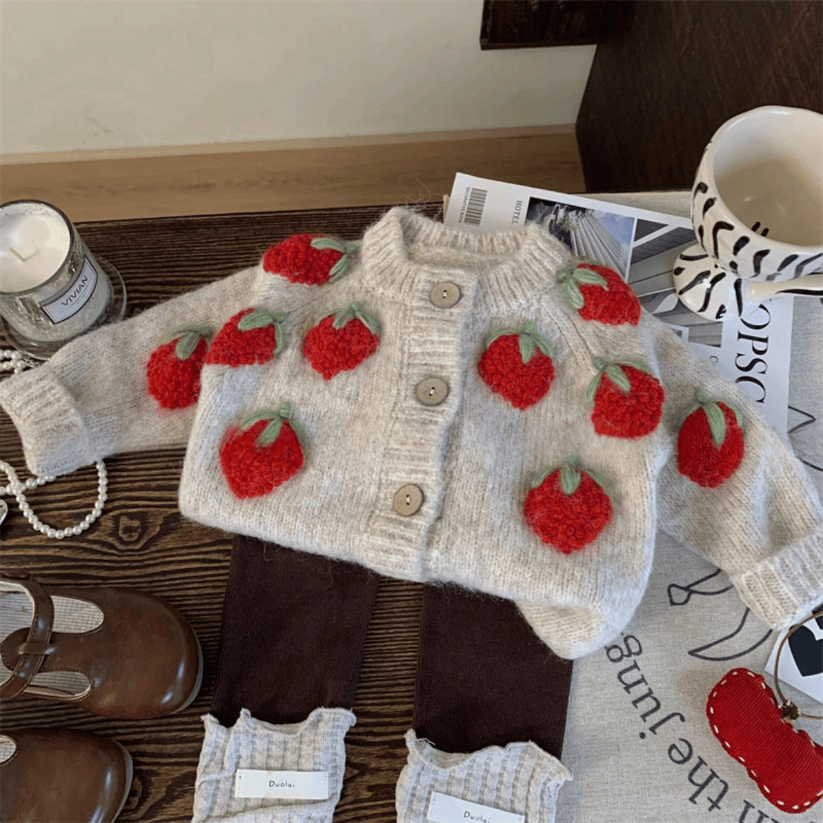 Baby Strawberry Knitted Coat Cardigan Two-piece Set
