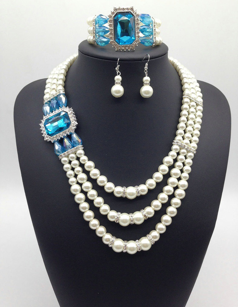 fashion Diamond Gemstone Pearl Necklace Earrings Set multi bride chain bracelet three piece Necklace