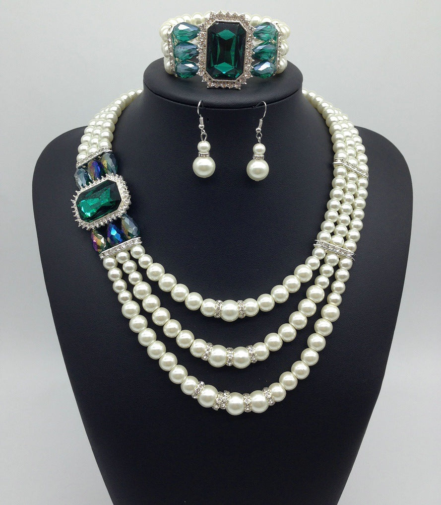fashion Diamond Gemstone Pearl Necklace Earrings Set multi bride chain bracelet three piece Necklace