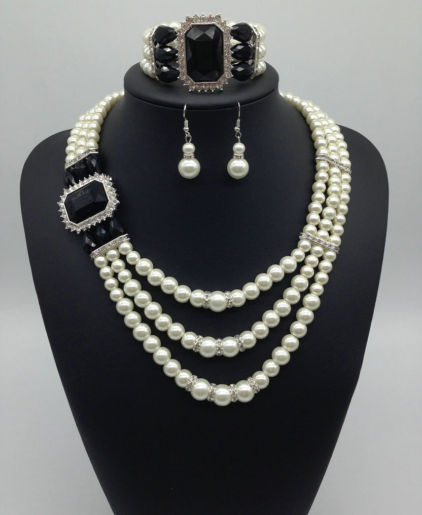 fashion Diamond Gemstone Pearl Necklace Earrings Set multi bride chain bracelet three piece Necklace