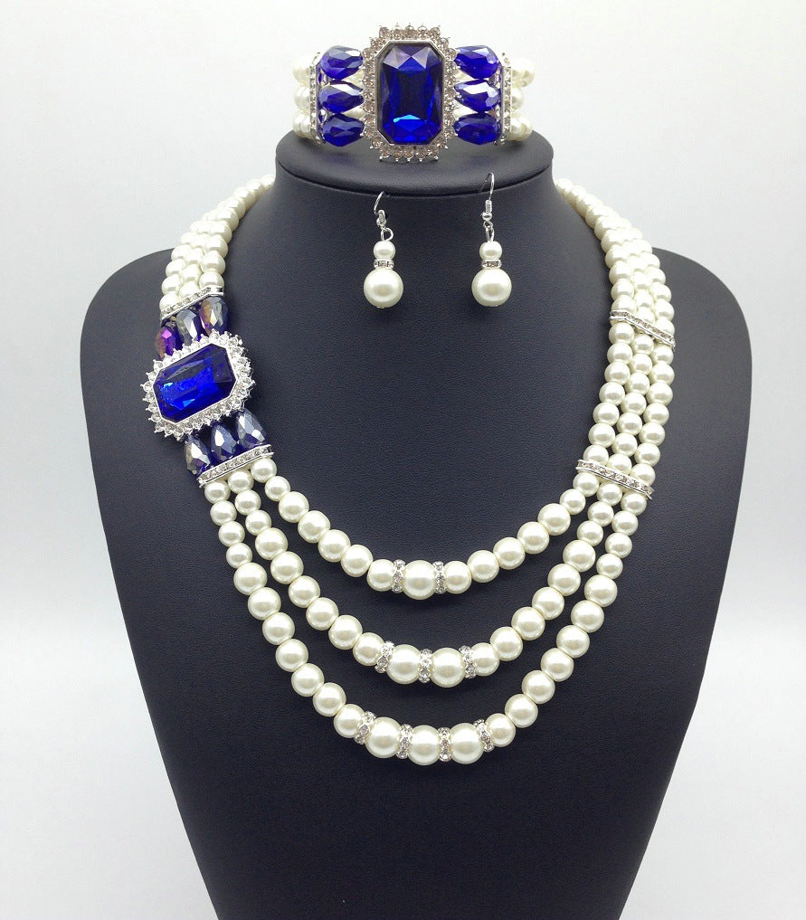 fashion Diamond Gemstone Pearl Necklace Earrings Set multi bride chain bracelet three piece Necklace