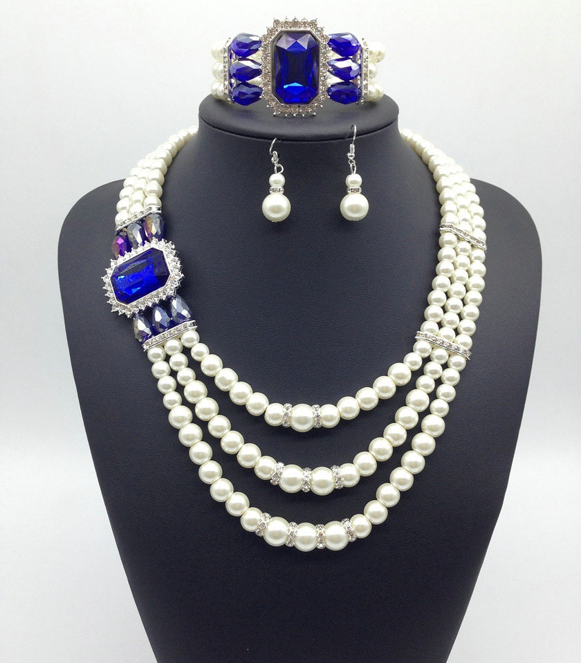 fashion Diamond Gemstone Pearl Necklace Earrings Set multi bride chain bracelet three piece Necklace