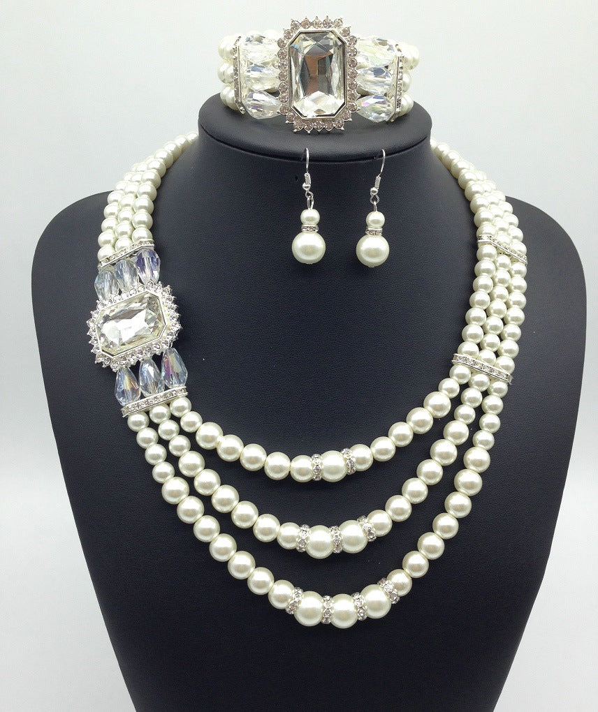 fashion Diamond Gemstone Pearl Necklace Earrings Set multi bride chain bracelet three piece Necklace