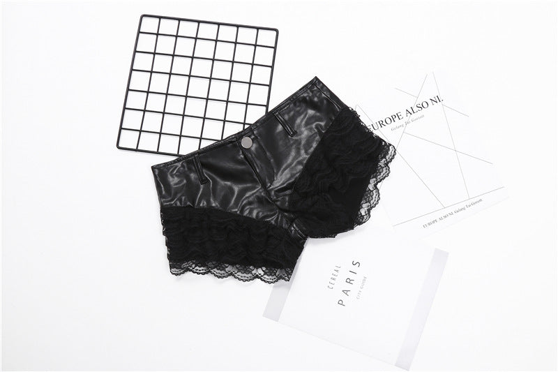 Leather shorts lace stitching sexy pants