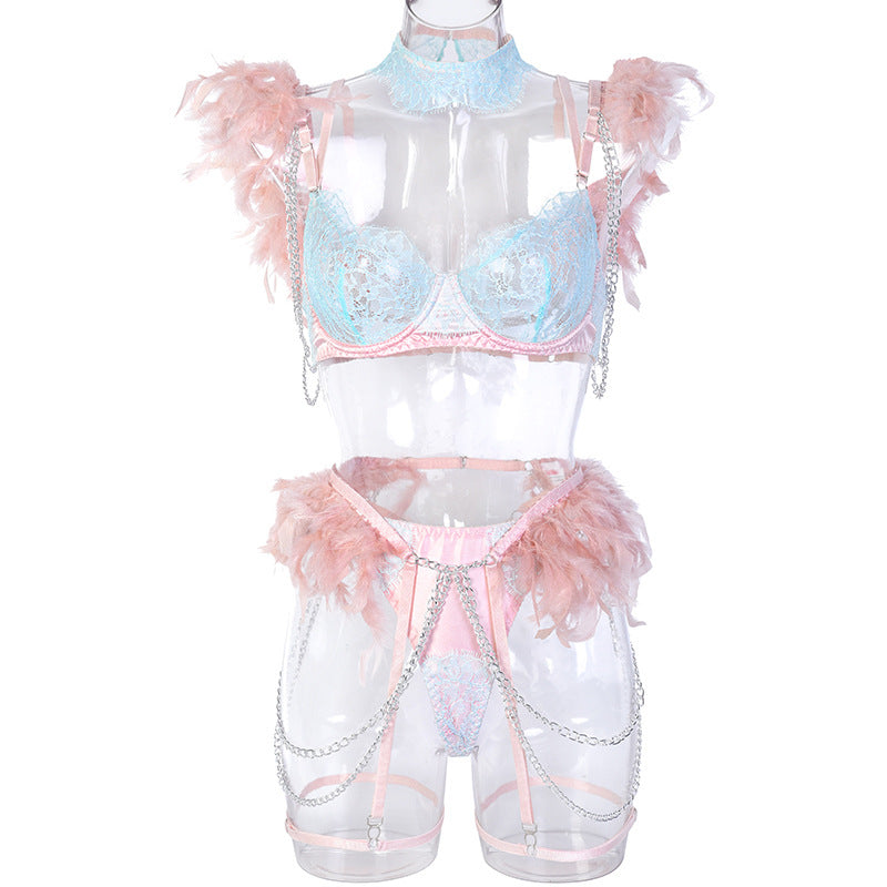 Women's Heavy Craft Metal Chain Lace Stitching Underwear Set