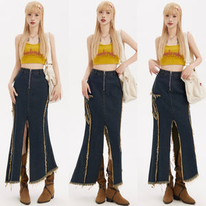Irregular Raw Hem Distressed XINGX Denim Fishtail Skirt