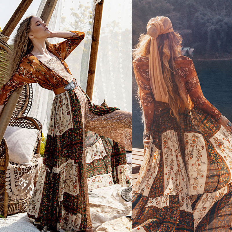 Long-sleeved long split skirt