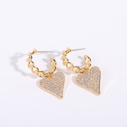 Copper Inlaid Zircon Long Peach Heart Earrings Chain Earrings Heart-shaped