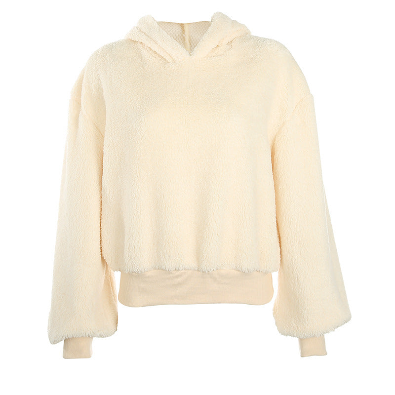 Solid color fur hooded loose coat