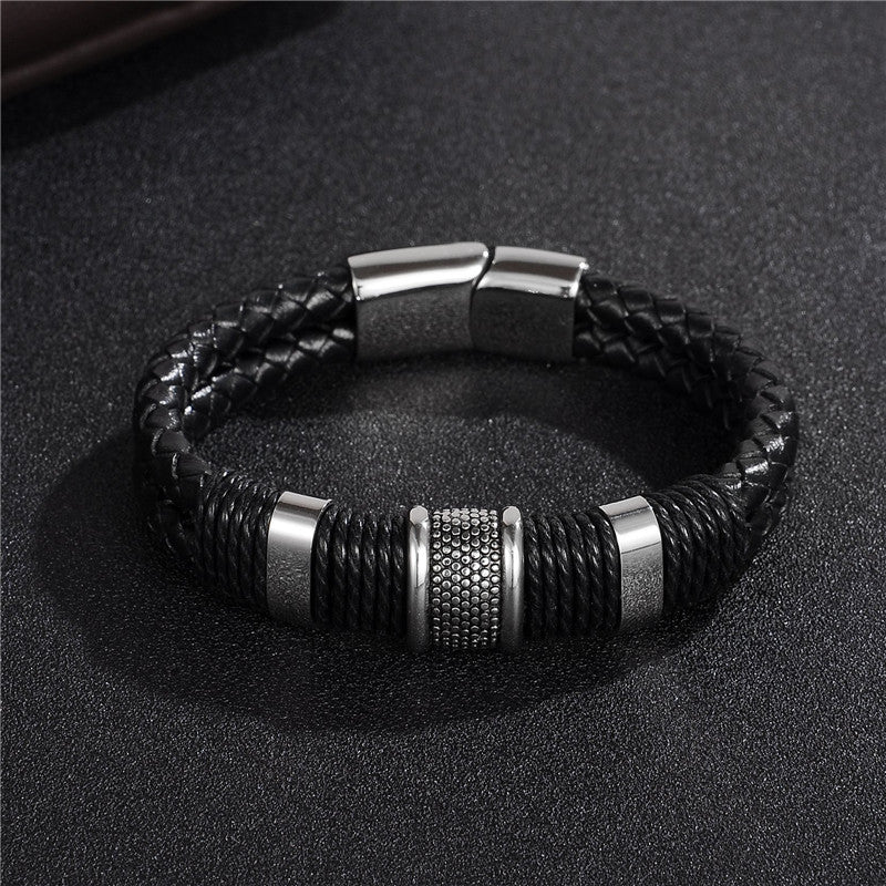 Black Braid Woven Leather Bracelet Titanium Stainless Steel Bracelet Men Bangle Men Jewelry Vintage Gift