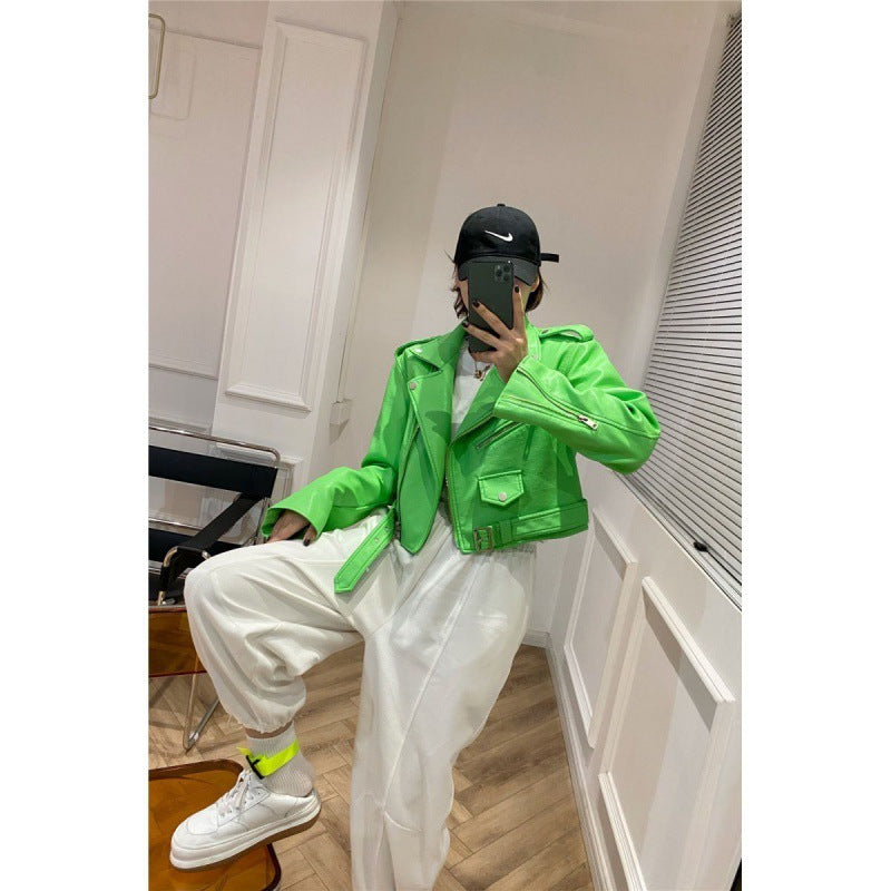 Short Suit Collar Zipper Biker's Leather Jacket Slim Slimming High Soft Leather Coat Women