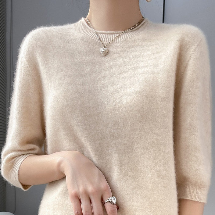 Spring Style Front Line Ready-made Garments Pure Wool Sweater Round Neck Curling Half Sleeve