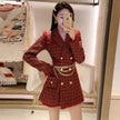 New Gold thread Plaid Suit Coat Women Notched Double breasted Feather Tassel Trim Slim Tweed Jacket With Free Belt bag