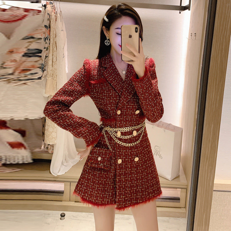 New Gold thread Plaid Suit Coat Women Notched Double breasted Feather Tassel Trim Slim Tweed Jacket With Free Belt bag