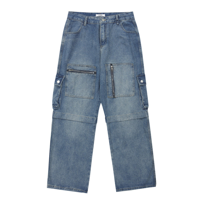 Multi-pocket Workwear jean Loose Wide Leg Zipper Straight Pants For Men And Women