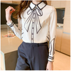 Silk Blouse Women Fake Bow-knot Printing Blouse Satin Silk Long-sleeved Shirt