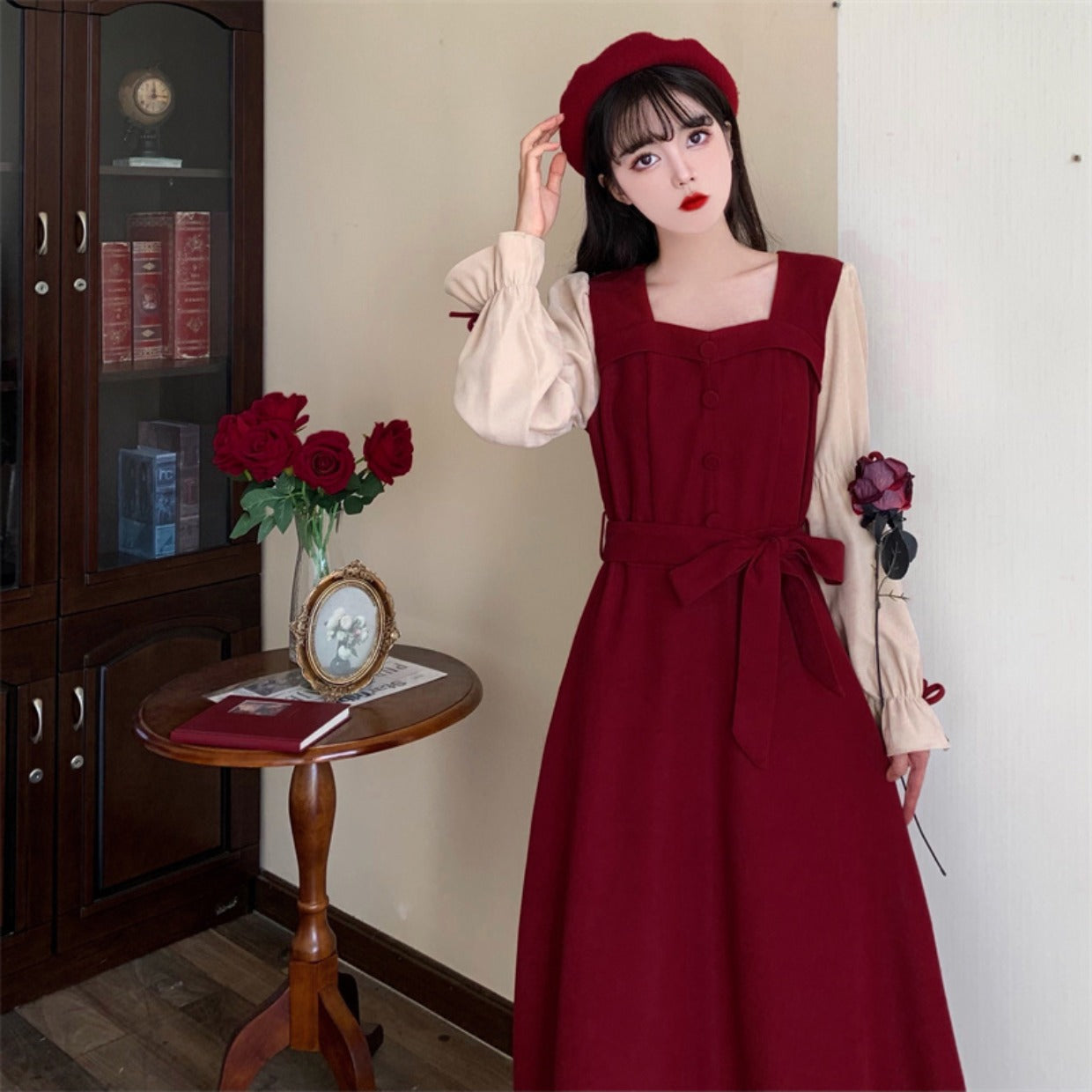 Long Sleeve Dress Women's Lace Up Slimming Elegant