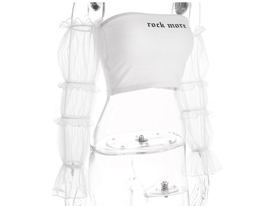 new sexy word shoulder tube top mesh long-sleeved umbilical shirt women