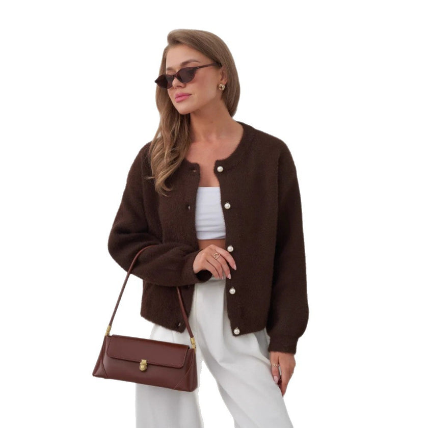 Short Pearl Buckle Artificial Mink Fur Sweater Coat For Women