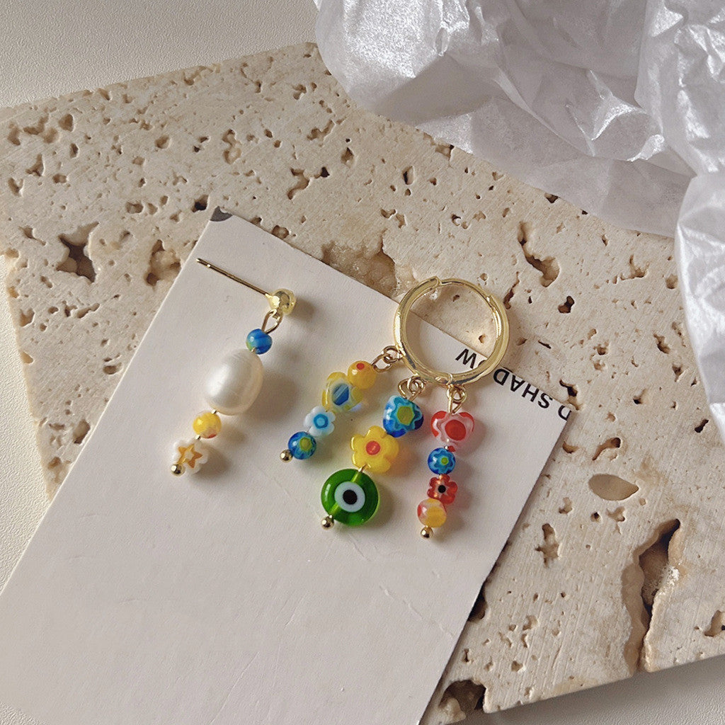 Women's Fashionable Asymmetric Design Glass Floral Colored Glaze Ear Clip