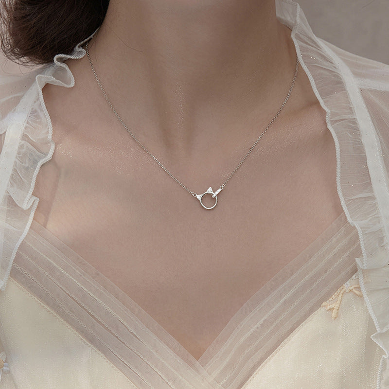 Cute Kitten Light Luxury Minority Design Diamond Ring Buckle Necklace INS