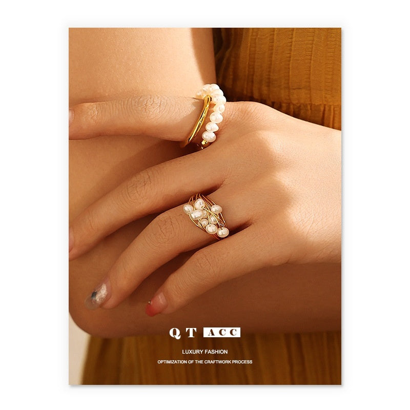 Retro Elegant Brass Plated 18K Real Gold Natural Pearl Ring