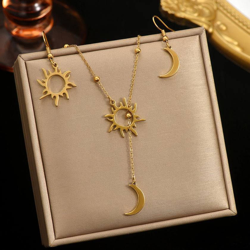 Lxalry 18K Gold Plated Sun  Moon Jewelry Set Mirror Polish Hypoallergenic Necklace  Earrings For Daily Evening Never Fade Luxury Gift With Celestial Symmetry