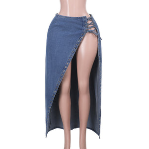 Women's Lace-up Split Sheath Denim Skirt