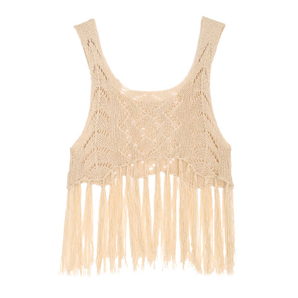 Bohemian Fringe Halter Top Hollowed-out Knit Vest