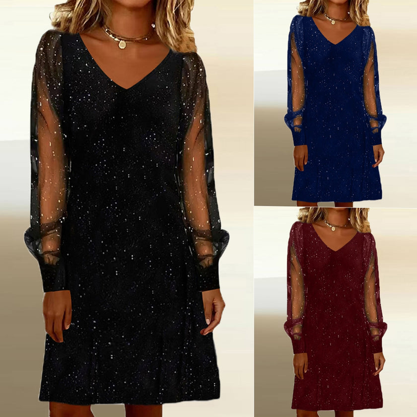 Elegant Women Dress V Neck Shiny And Glowing Mesh Sleeve Mini Dresses For Women Autumn Winter Party Dress Black Evening Dress