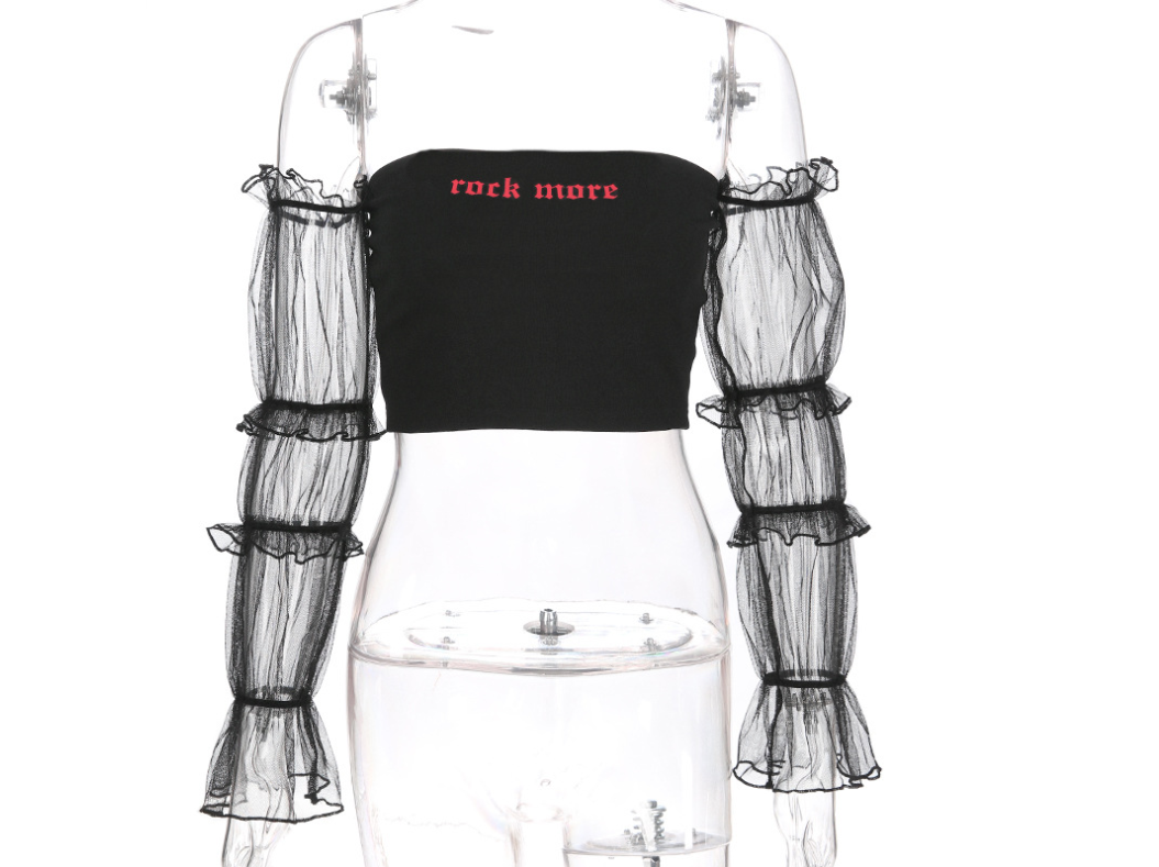 new sexy word shoulder tube top mesh long-sleeved umbilical shirt women