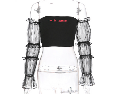 new sexy word shoulder tube top mesh long-sleeved umbilical shirt women