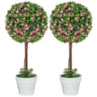 Set Of 2 Decorative Artificial Plants, Ball Topiary Tree With Rose Flower In Pot, Fake Plants For Home Indoor Outdoor Decor, 60cm, Pink