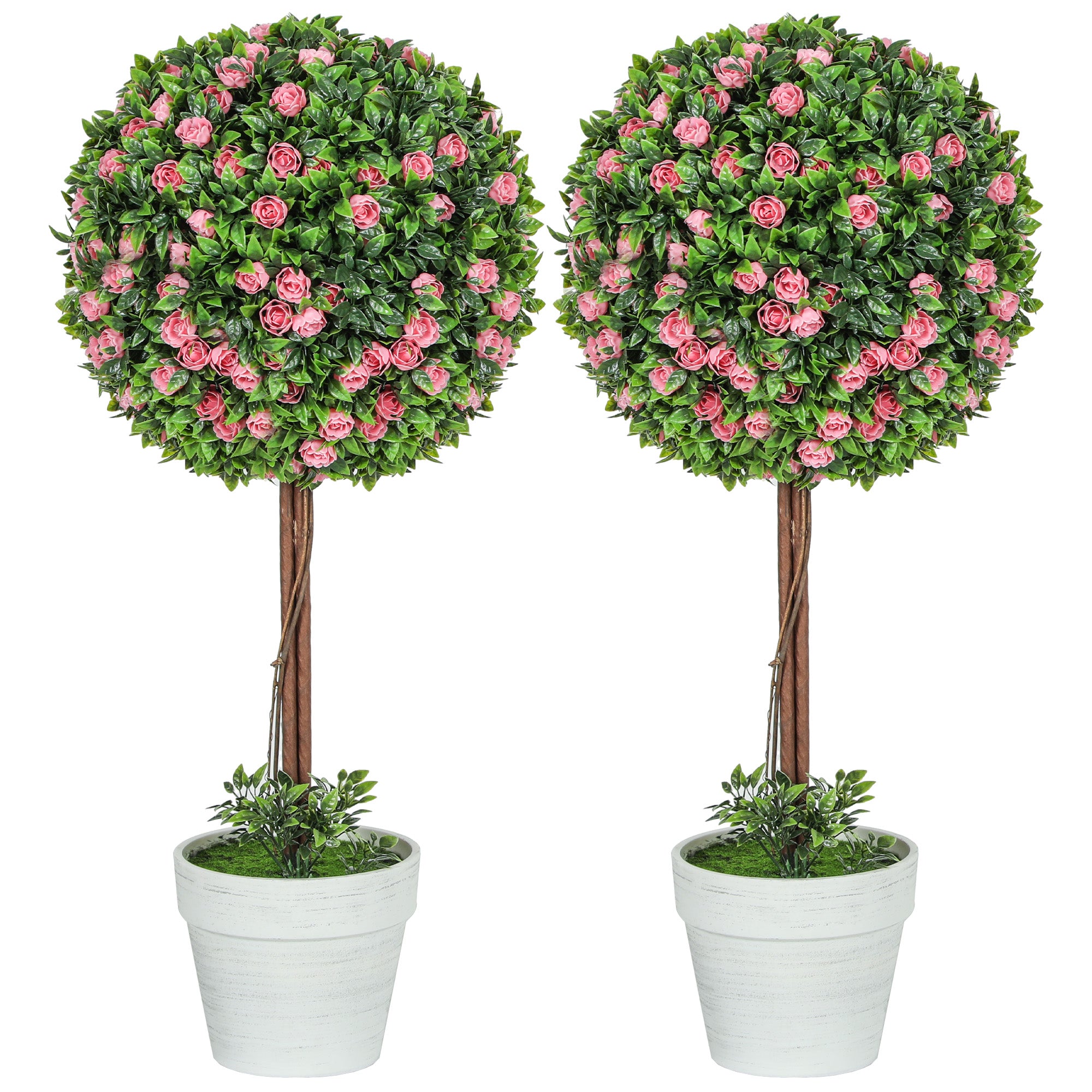 Set Of 2 Decorative Artificial Plants, Ball Topiary Tree With Rose Flower In Pot, Fake Plants For Home Indoor Outdoor Decor, 60cm, Pink