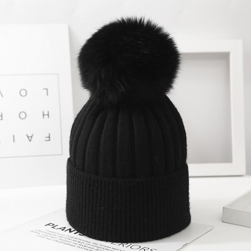 Boys And Girls Woolen Fox Fur Ball Knit Hat