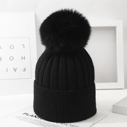 Boys And Girls Woolen Fox Fur Ball Knit Hat