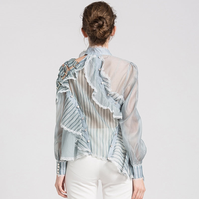 Short Shirt Women Spring Green Striped See-through Organza Turtleneck Patchwork Sexy Top
